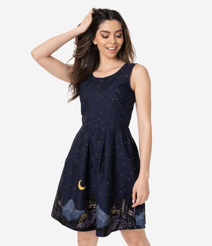 Midnight Blue I Solemnly Swear Sleeveless Cotton Fit and Flare Dress