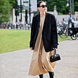 Fall Outfit Idea: Black Blazer + Tan Dress + Leather Boots