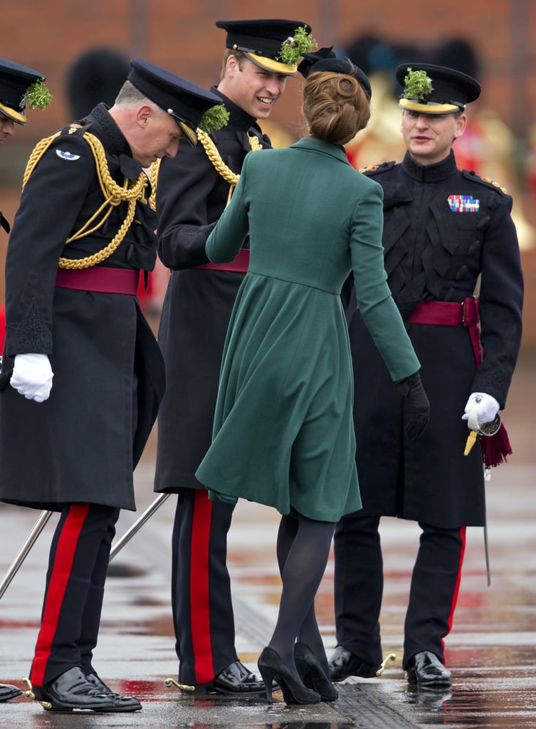 William helped Kate  when her heel got stuck in a grate during a St. Patrick's Day visit to the Iris Guards in Aldershot, England, in March 2013.