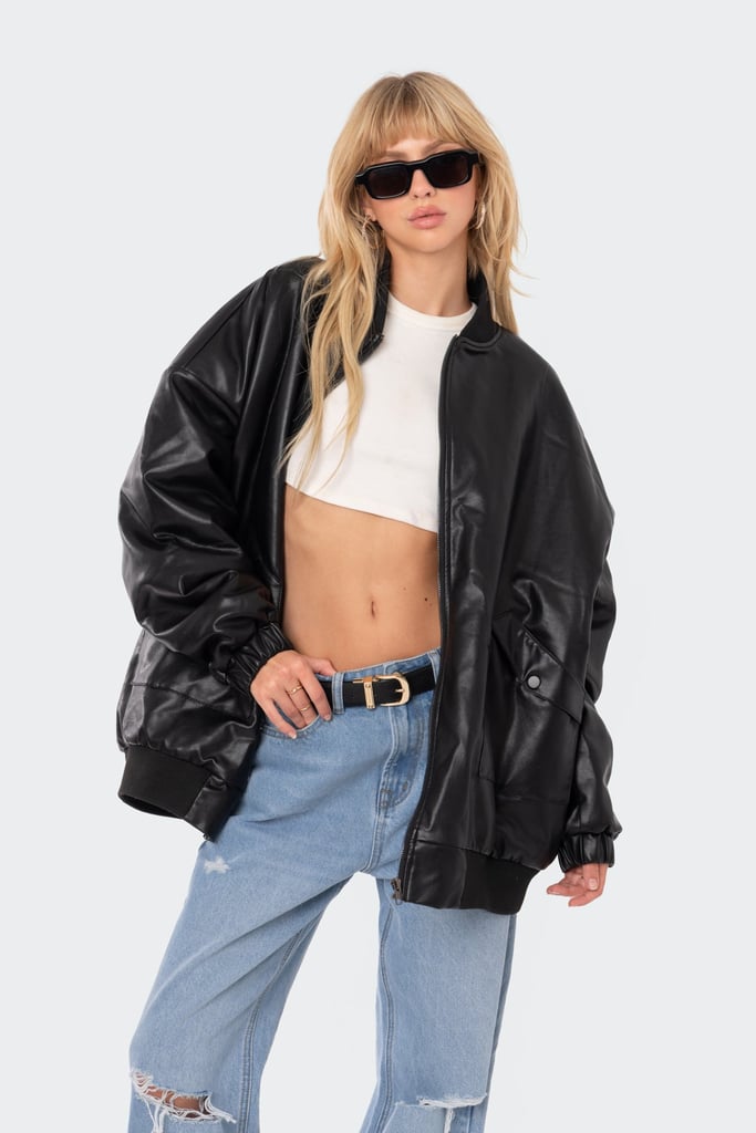 Edikted Faux Leather Oversized Bomber Jacket