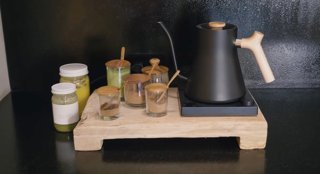 Barker is proud of his kitchen's matcha station, which includes a Stagg EKG Electric Kettle, cinnamon, nutmeg, and other accoutrements.