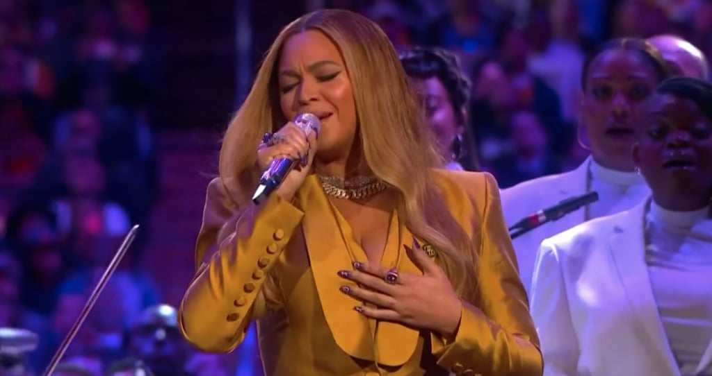 Beyoncé's Honey-Yellow Suit at the Kobe and Gigi Bryant Memorial