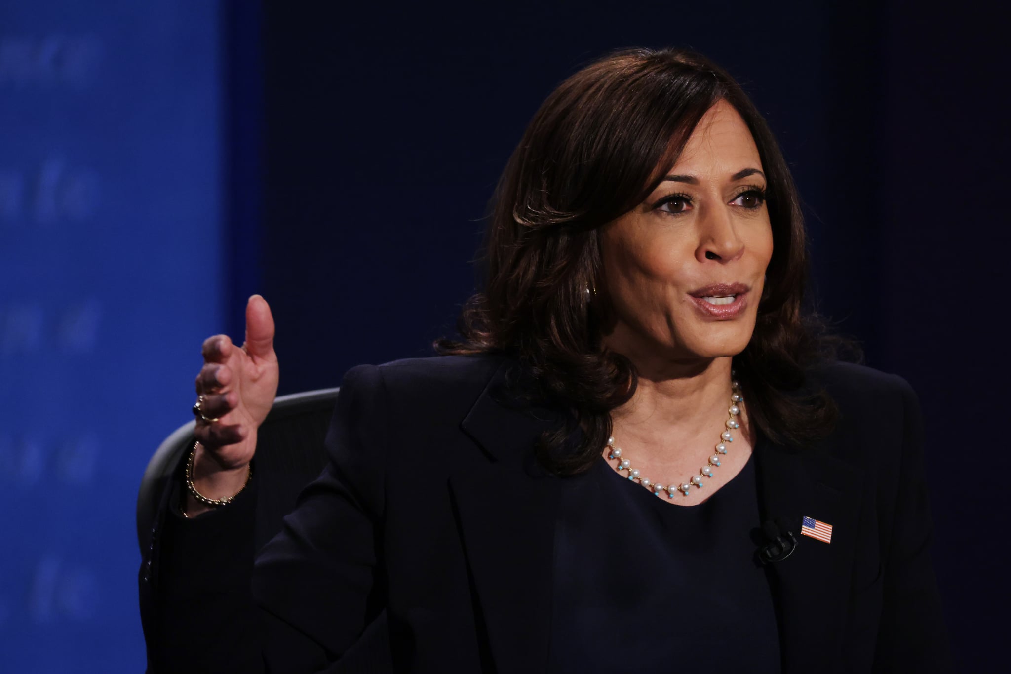 SALT LAKE CITY, UTAH - OCTOBER 07: Democratic vice presidential nominee Sen. Kamala Harris (D-CA) participates in the vice presidential debate against U.S. Vice President Mike Pence at the University of Utah on October 7, 2020 in Salt Lake City, Utah. The vice presidential candidates only meet once to debate before the general election on November 3. (Photo by Alex Wong/Getty Images)