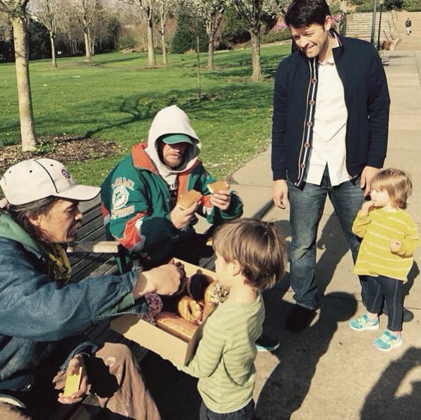 In March 2015, Misha brought his kids along to hand out coffee, doughnuts, and gift certificates to the homeless.