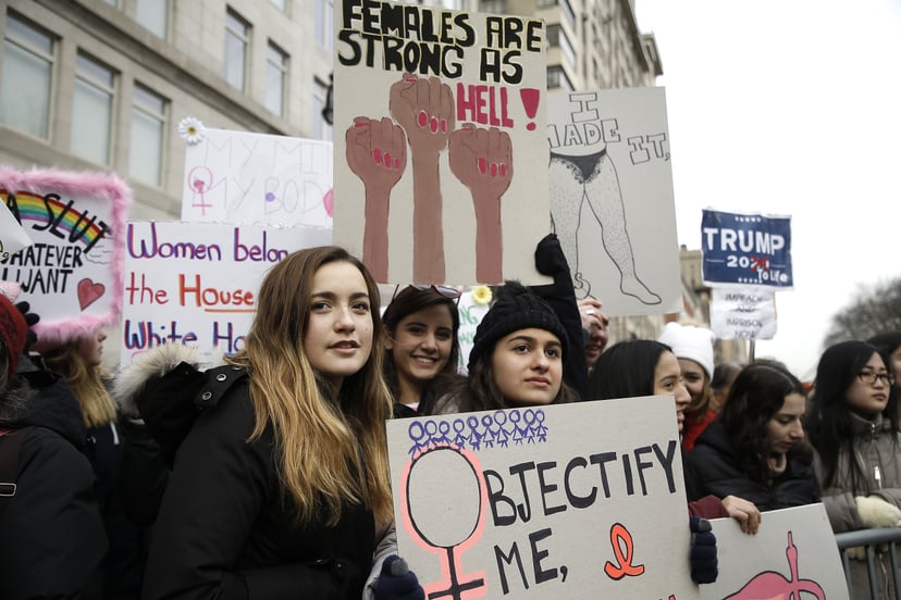 NEW YORK, NY  - JANUARY 18: Demonstrators participate in the 2020 Women's March on January 18, 2020 in New York City. (Photo by John Lamparski/Getty Images)