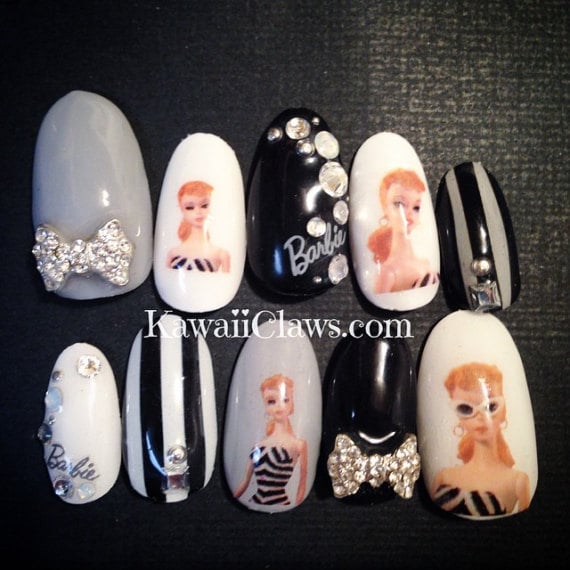 Barbie Striped Swarovski Gel Nail Art Press-on Nails