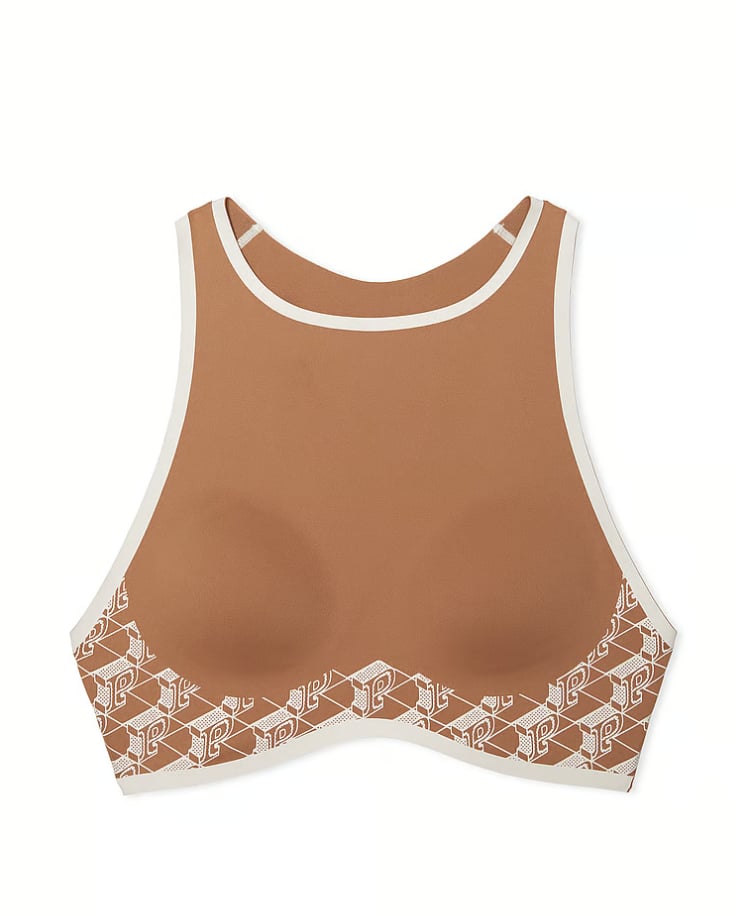 VS Pink Relay High-Neck Logo Sports Bra in Toffee