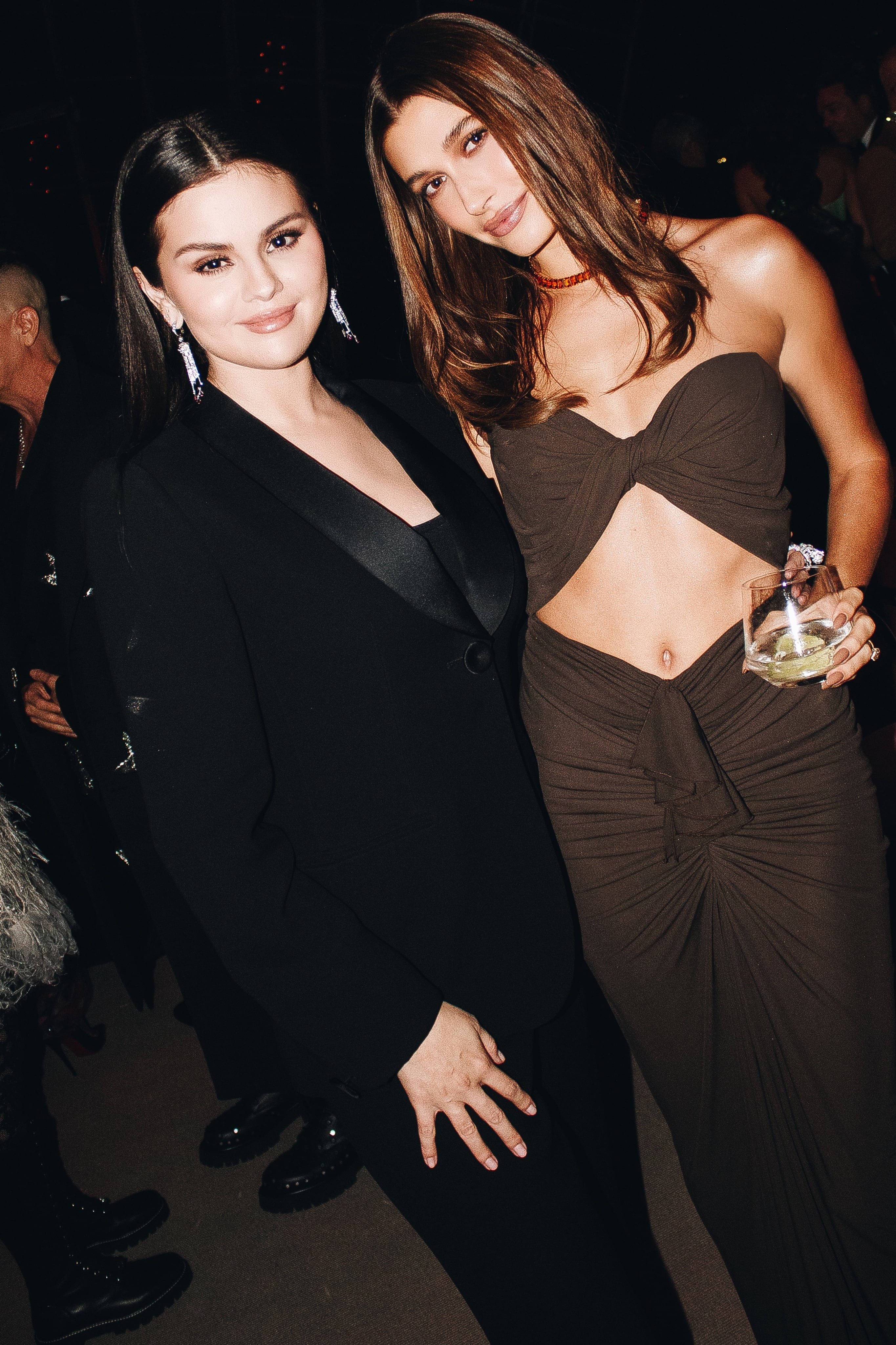 Hailey Bieber's Brown Cutout YSL Dress With Selena Gomez