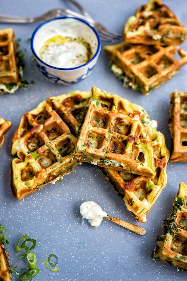 Greek Spinach, Feta, and Potato Waffle Frittata With Tzatziki