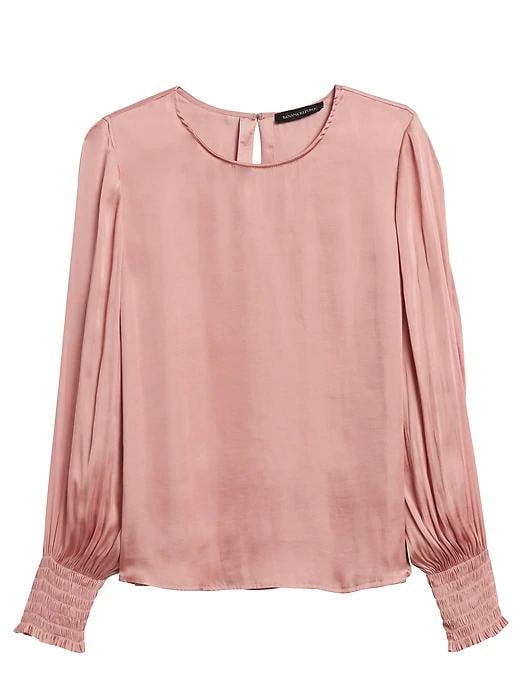 Satin Smocked-Sleeve Blouse