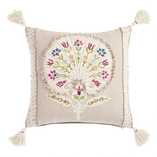 Natural Cotton Embroidered Floral Dahlia Throw Pillow