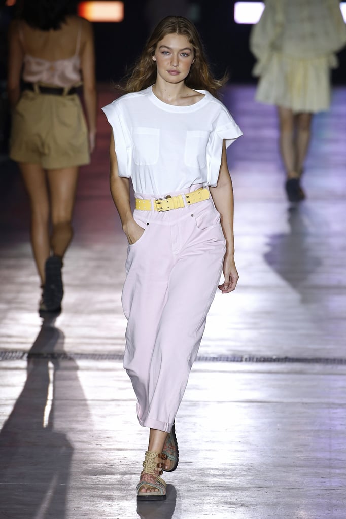 Gigi in Pink Pants and a Tee on the Alberta Ferretti Runway