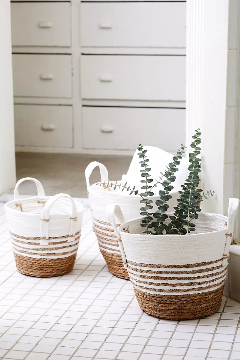 Decorative Baskets: White Stripe Woven Storage Baskets