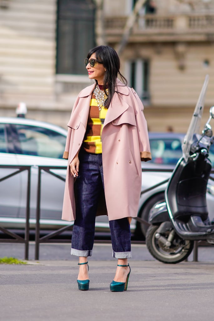 With a Pink Coat, a Colorful Top, and Mary Jane Pumps How to Dress Up Jeans POPSUGAR Fashion