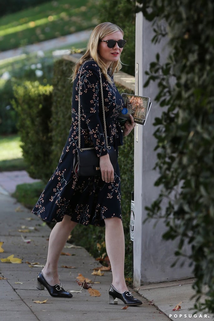 Kirsten Dunst Pregnant Wearing Floral Dress and Gucci Shoes