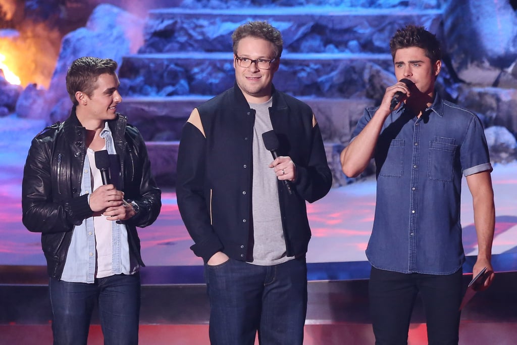 Dave Franco, Seth Rogen, and Zac Efron, stars of the upcoming comedy Neighbors, gathered on stage for a sketch.