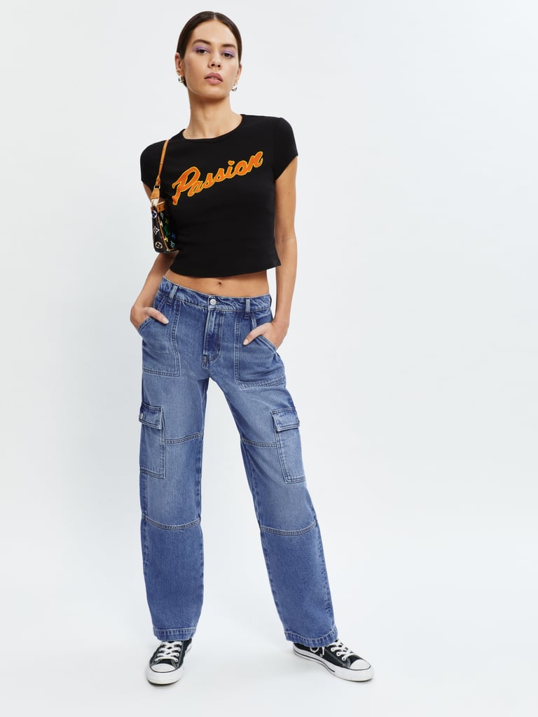 The Passion Baby Tee ($38) with the Mckenna Mid Rise Slouch Cargo Jeans ($148).