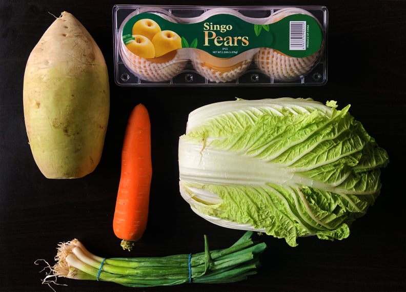Napa cabbage, carrot, Korean pears, and green onion