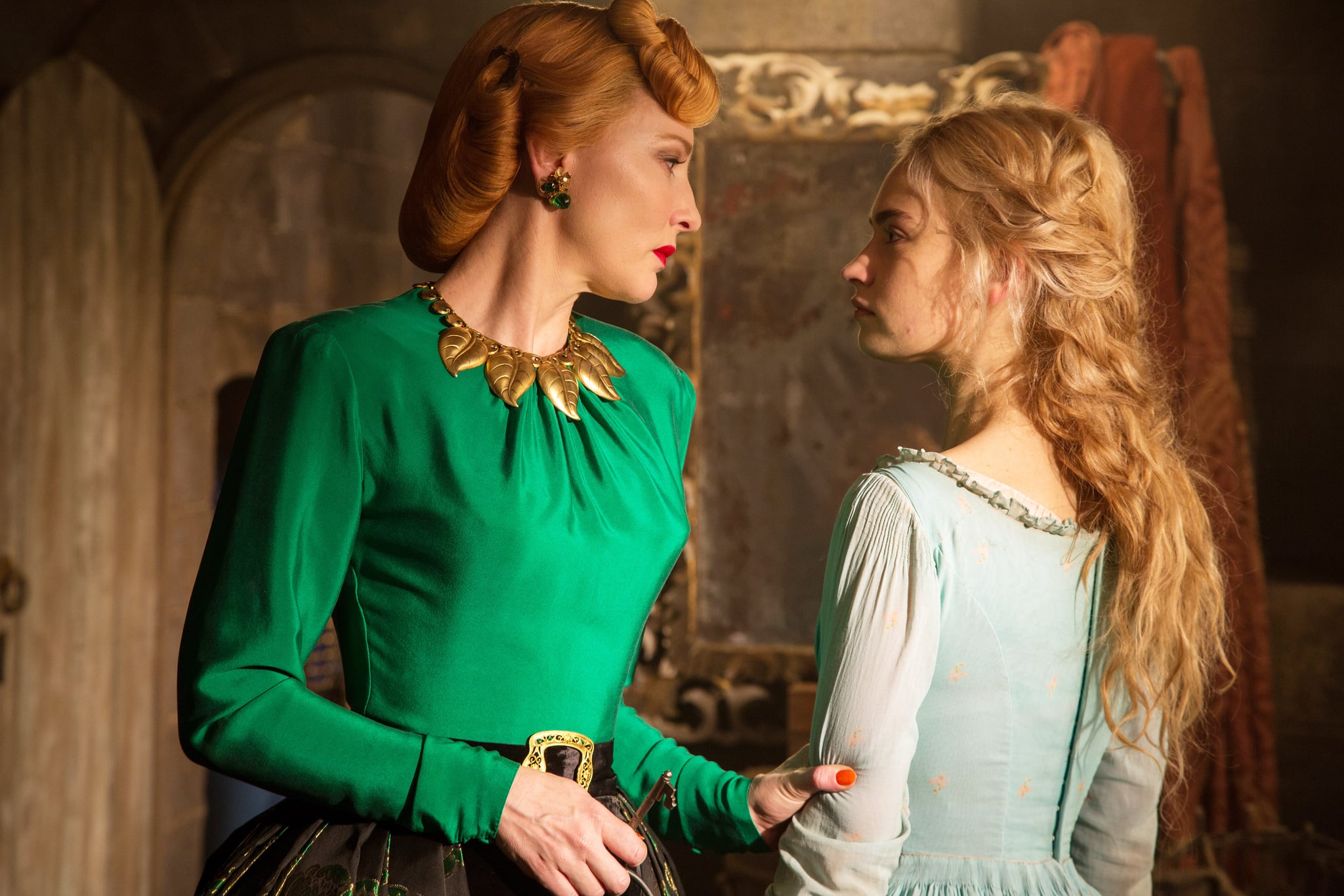 CINDERELLA, from left: Cate Blanchett, Lily James as Cinderella, 2015. ph: Jonathan Olley/Walt Disney Studios Motion Pictures/courtesy Everett Collection