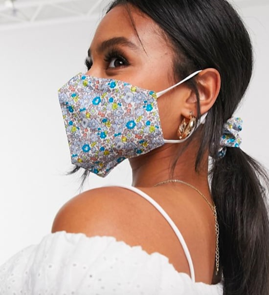 ASOS DESIGN Blue Floral Face Covering With Pouch & Scrunchie