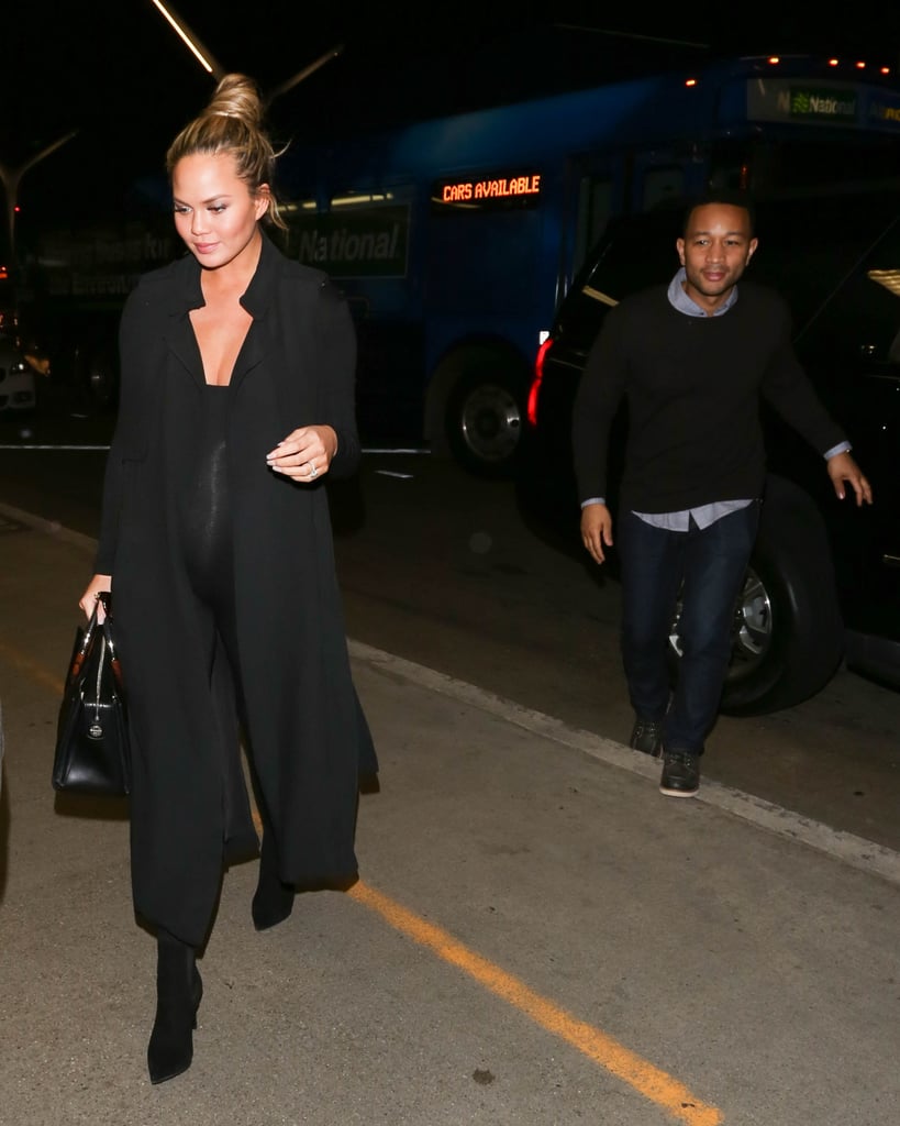 Chrissy impressed us with her night-out street style, which is anything but laid-back, throwing a long black trench over a tight-fitting jumpsuit and accessorizing with luxe accessories.