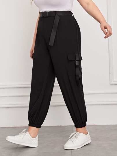 Shein Plus Buckle Pocket Belted Cargo Pants