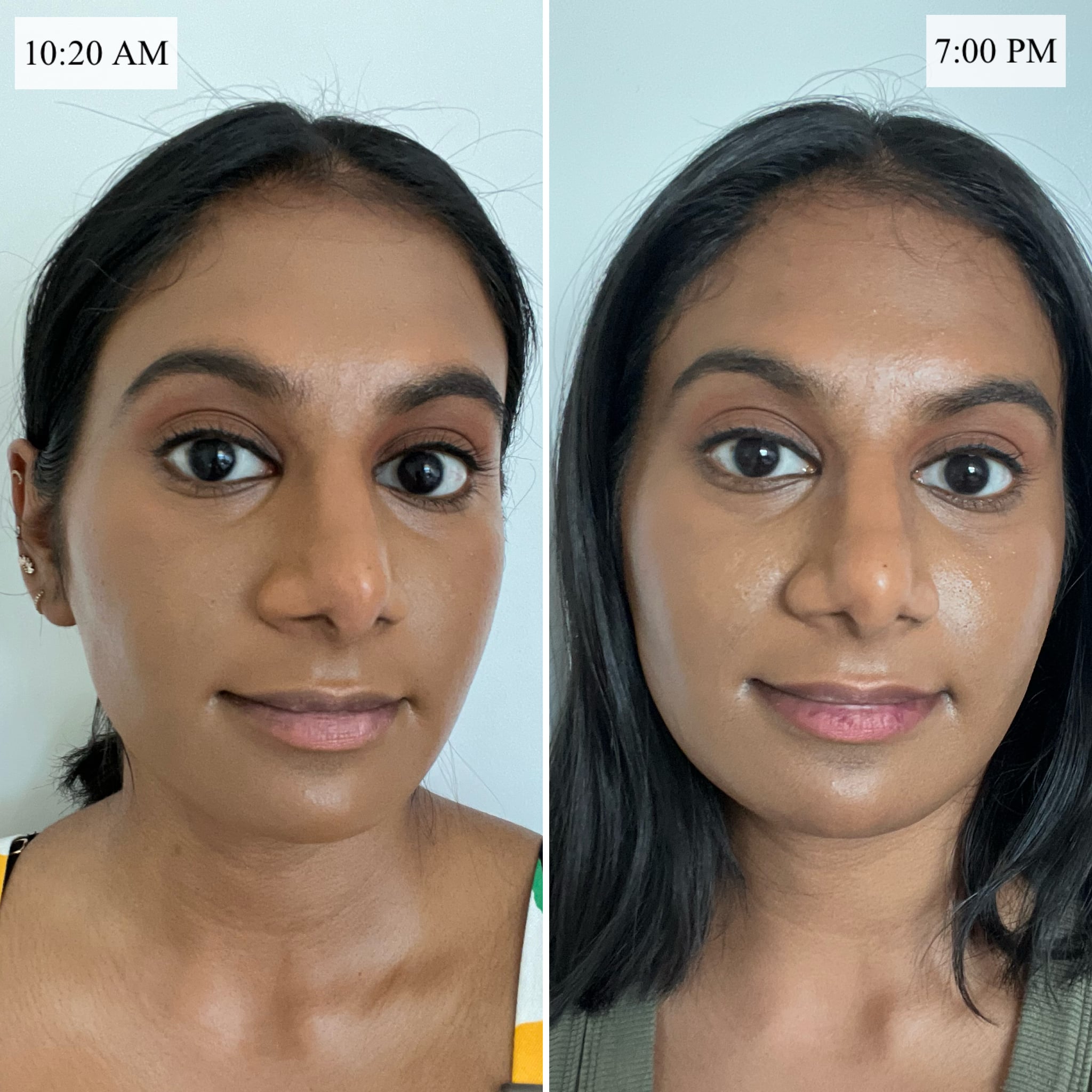 Woman wearing the Urban Decay Face Bond Foundation for eight hours in hot weather.
