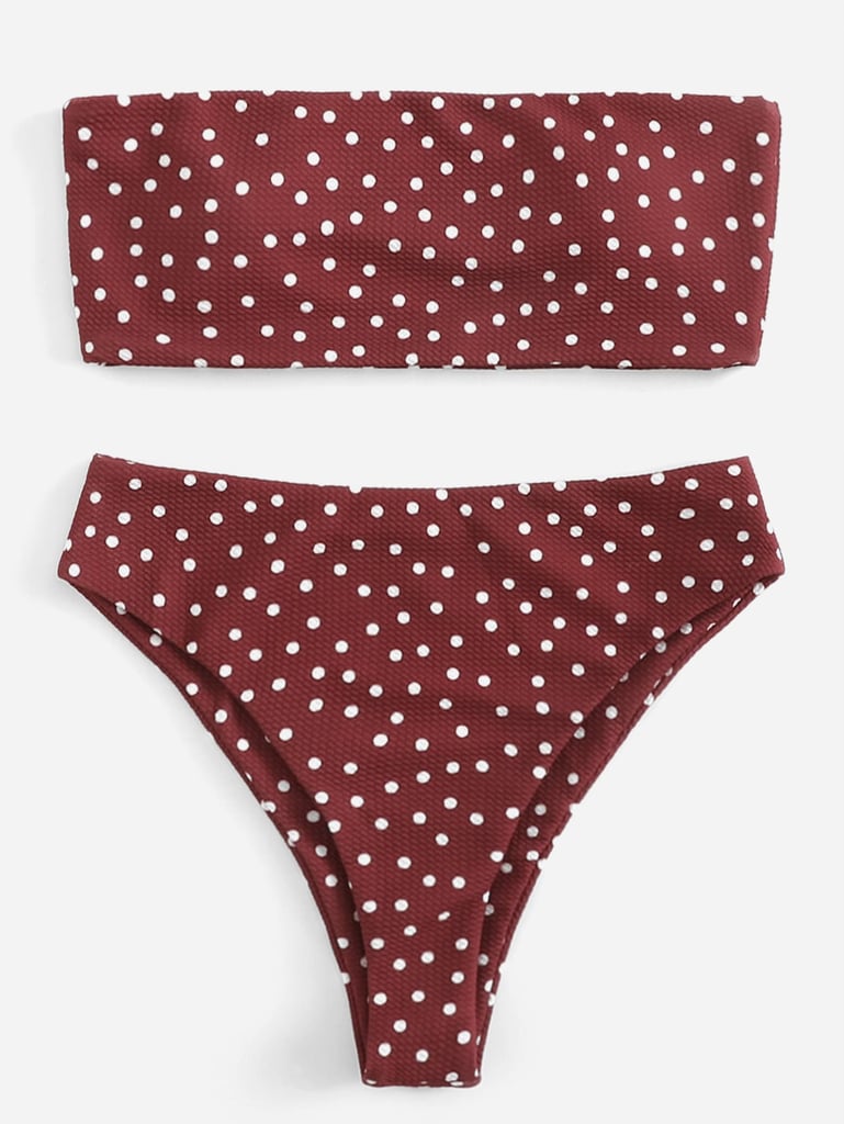 Shein Polka Dot Print Bandeau With High Leg Bikini Set