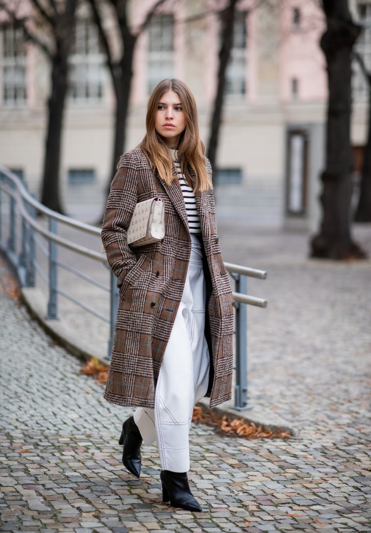On cooler days, layer a checked coat over stripes and white pants ...