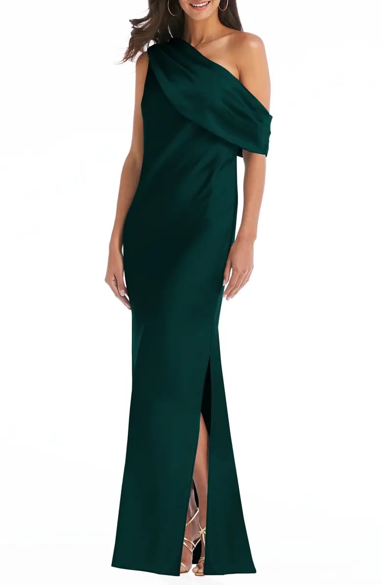 Awesome Asymmetry: Social Bridesmaids Draped One-Shoulder Convertible Column Gown