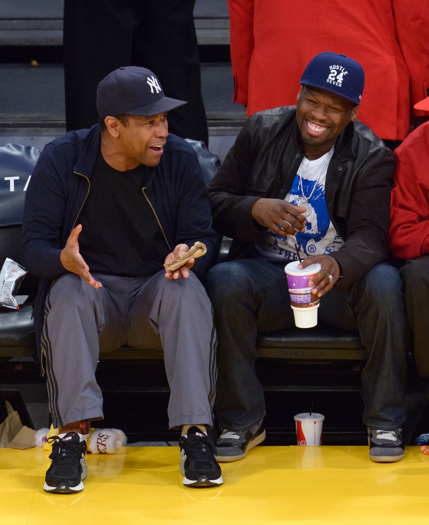 Denzel Washington and 50 Cent shared a laugh while sitting courtside at an LA Lakers game in April 2013.