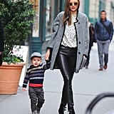 Miranda really loves her tweed Isabel Marant coat — and we can see why! She styled it up again on a walk with son Flynn with a pair of Helmut Lang leather leggings, Tabitha Simmons boots, and a printed cream top, finished off with a pair of yellow sunglasses.