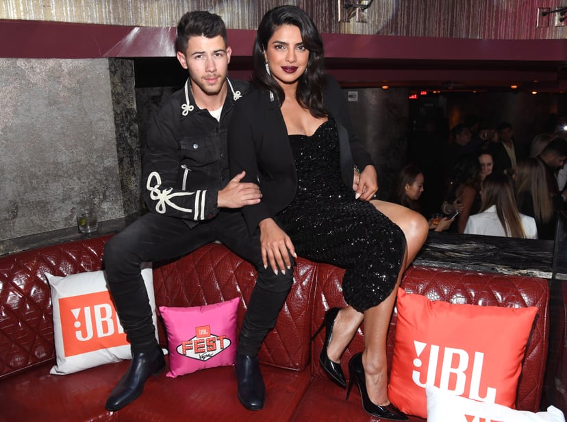 LAS VEGAS, NEVADA - OCTOBER 10: Surprise guest Nick Jonas, left, and Priyanka Chopra Jonas attend CLUB JBL, one of the many events during the 3rd annual JBL Fest, an exclusive, three-day music experience hosted by JBL at  at Jewel Nightclub at the Aria Re