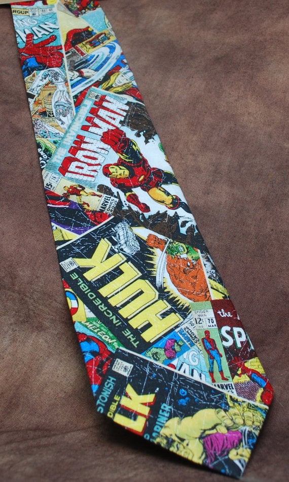 <a href="https://www.etsy.com/listing/174085289/marvel-comics-neck-tie">Marvel Comic-Book Covers Tie</a> ($33)