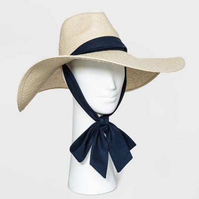 A New Day Women's Wide Brim Straw Fedora Hat with Ties