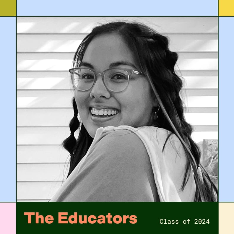 Nishat Nguyen smiling is pictured next to a colorful border and text that reads The Educators Class of 2024.