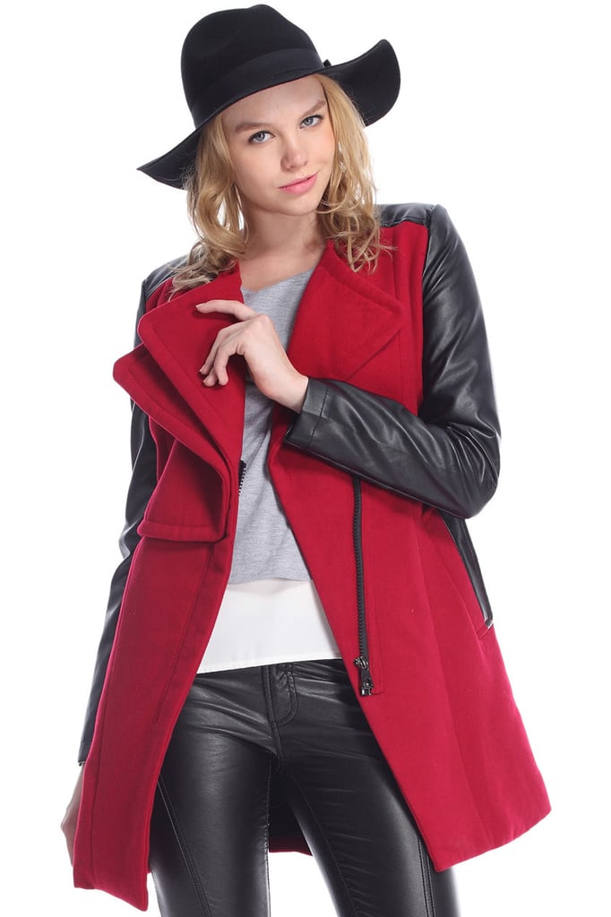 ROMWE Faux Leather Panel Zippered Burgundy Coat