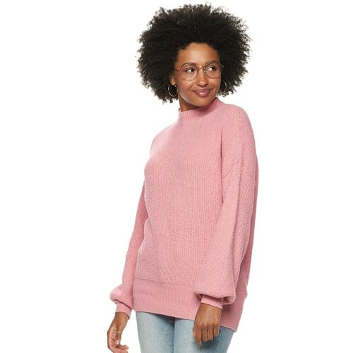 POPSUGAR Balloon-Sleeve Funnel-Neck Sweater in Zephyr Pink