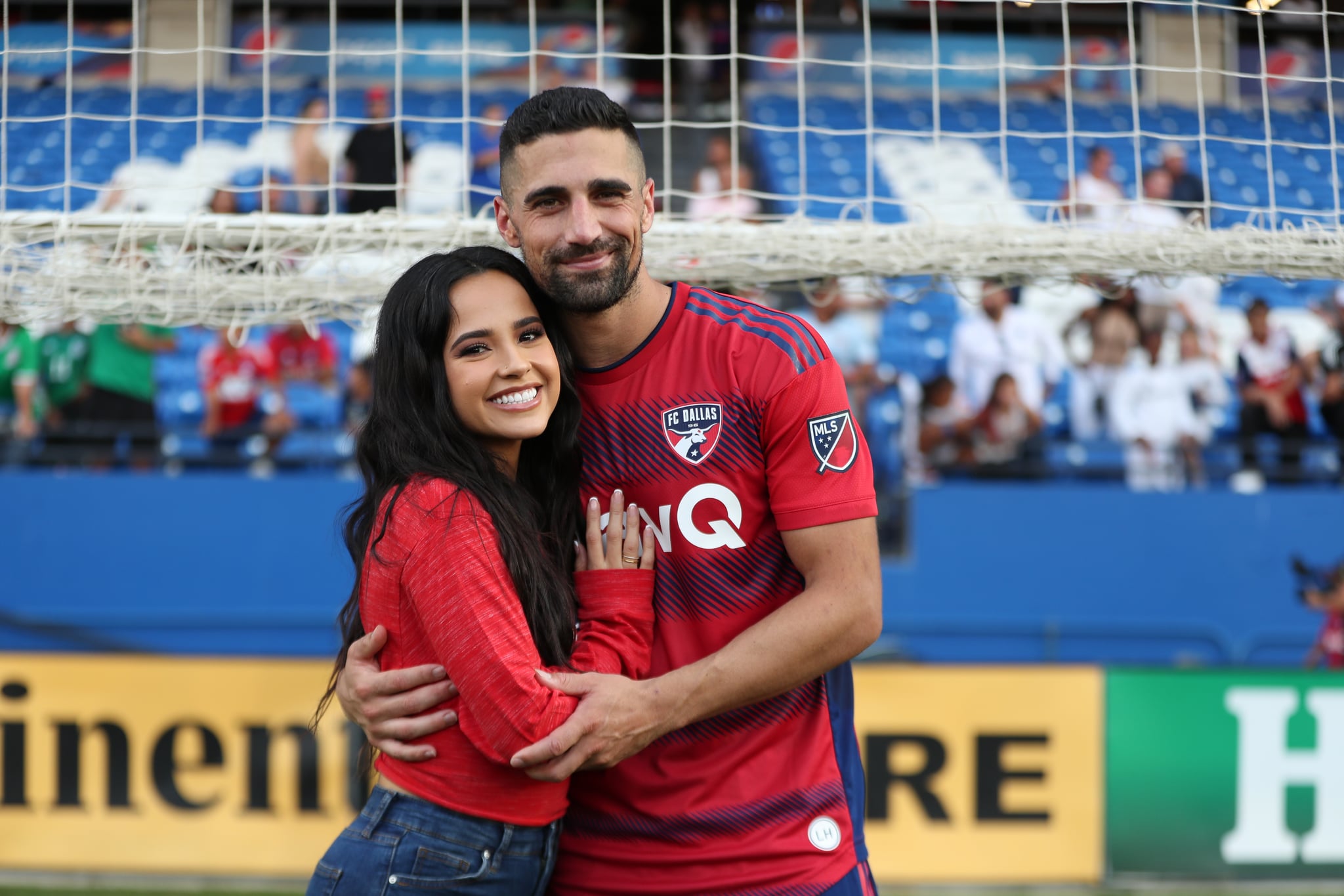 FRISCO, TX - OCTOBER 09: Singer Becky G and her boyfriend  Sebastian Lletget #12 of FC Dallas pose for picture after the game between FC Dallas and Sporting Kansas City at Toyota Stadium on October 9, 2022 in Frisco, Texas. (Photo by Omar Vega/Getty Images)