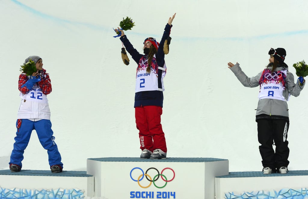 Team USA gold medalist Maddie Bowman looked to the sky while France's Marie Martinod and bronze medalist Ayana Onozuka of Japan looked on.