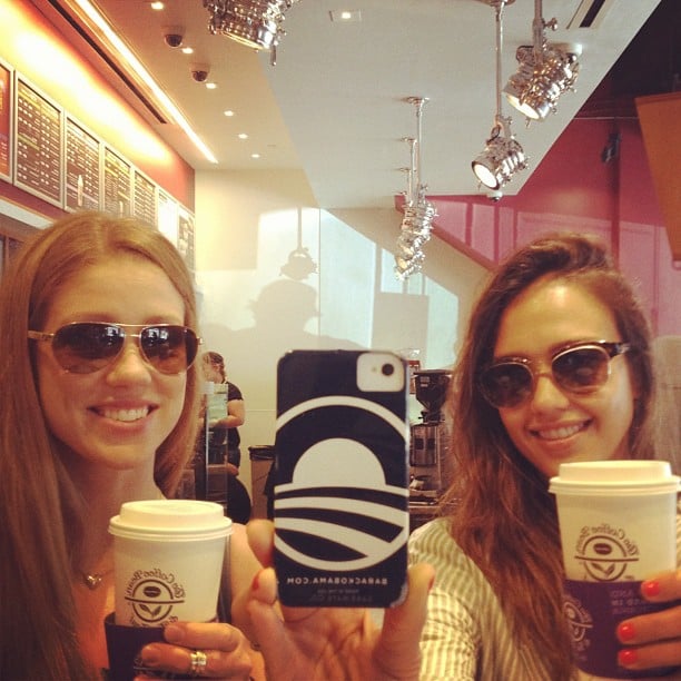 In August 2012, Jessica Alba used a handy coffee-shop mirror to take a photo of herself and a friend.

Source: Instagram user jessicaalba