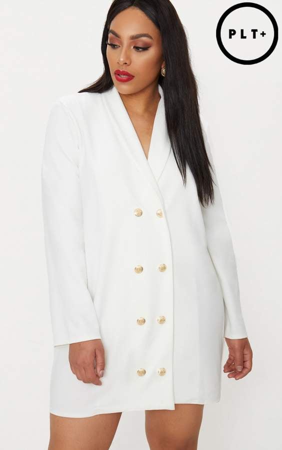 PrettyLittleThing Plus White Gold Button Oversized Blazer Dress