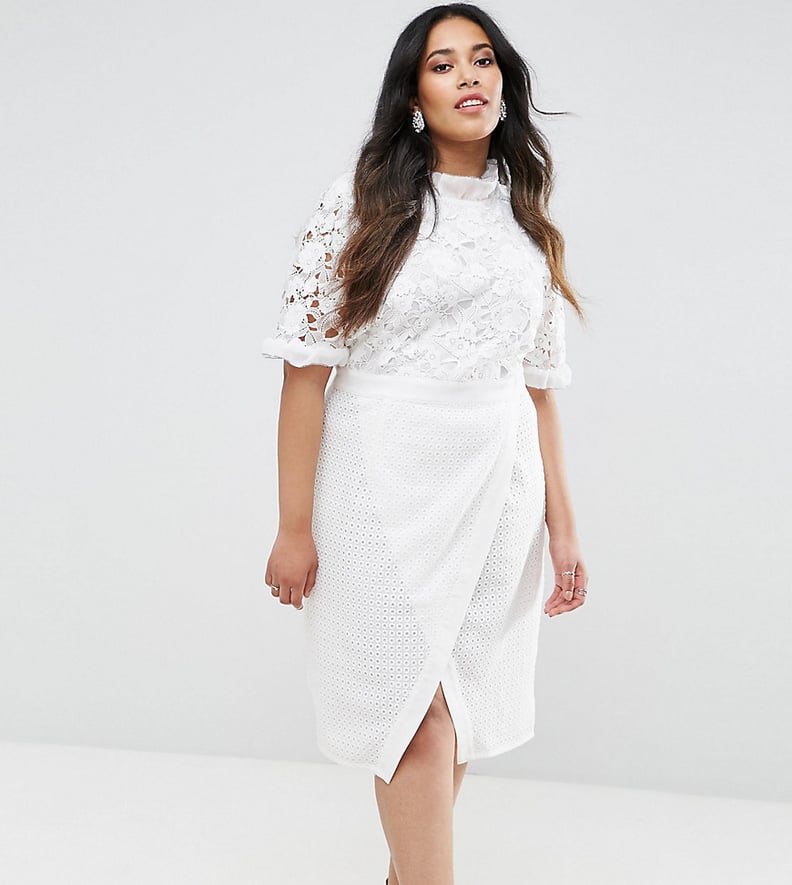 Truly You Lace Bodice Pencil Dress With Ruffle Neck And Wrap Skirt