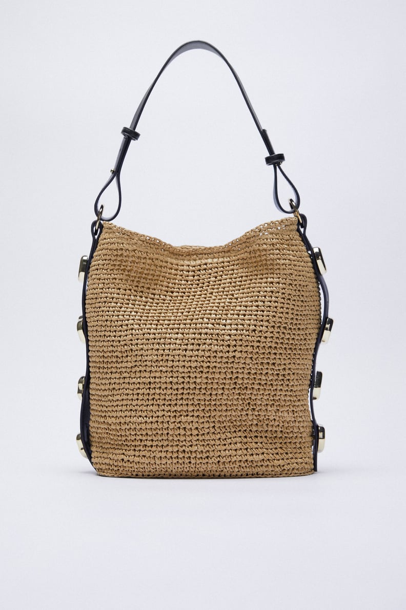 Zara Metallic Trim Woven Bucket Bag