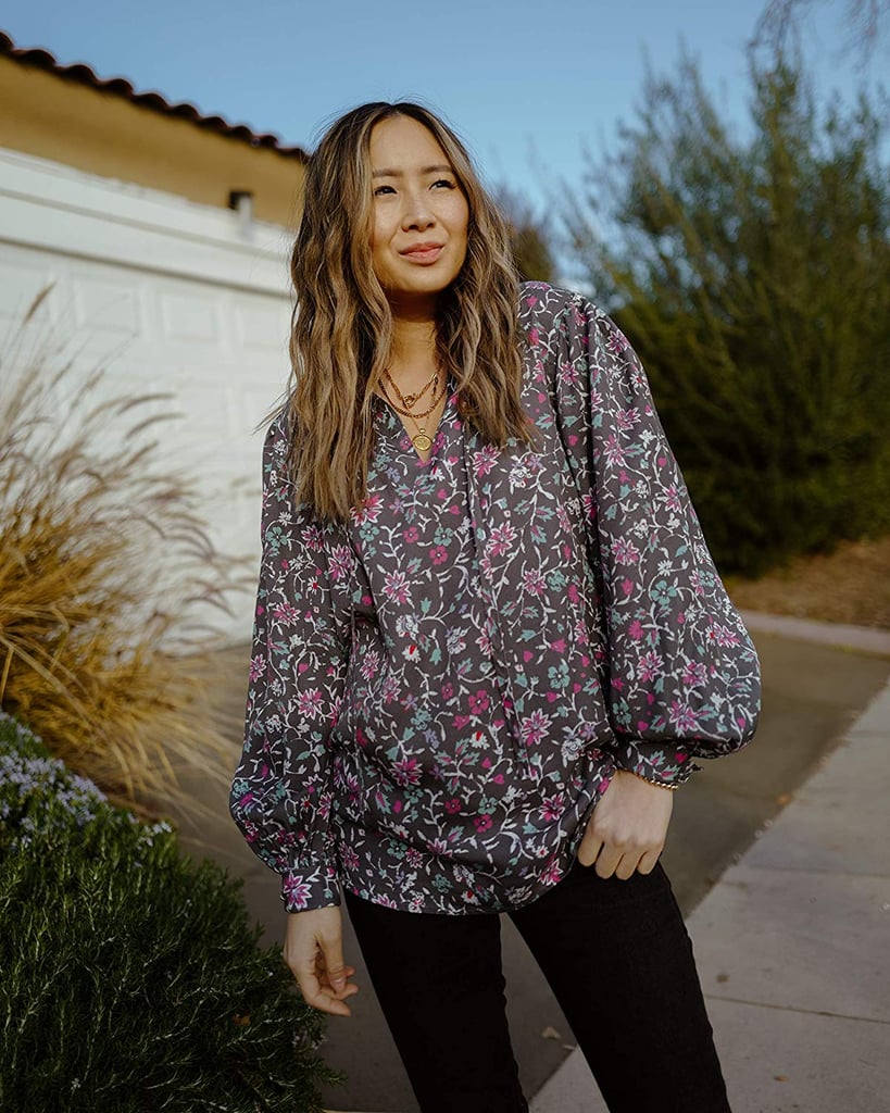 The Drop Women's Charcoal Floral Printed Balloon Sleeve Tie-Neck Loose-Fit