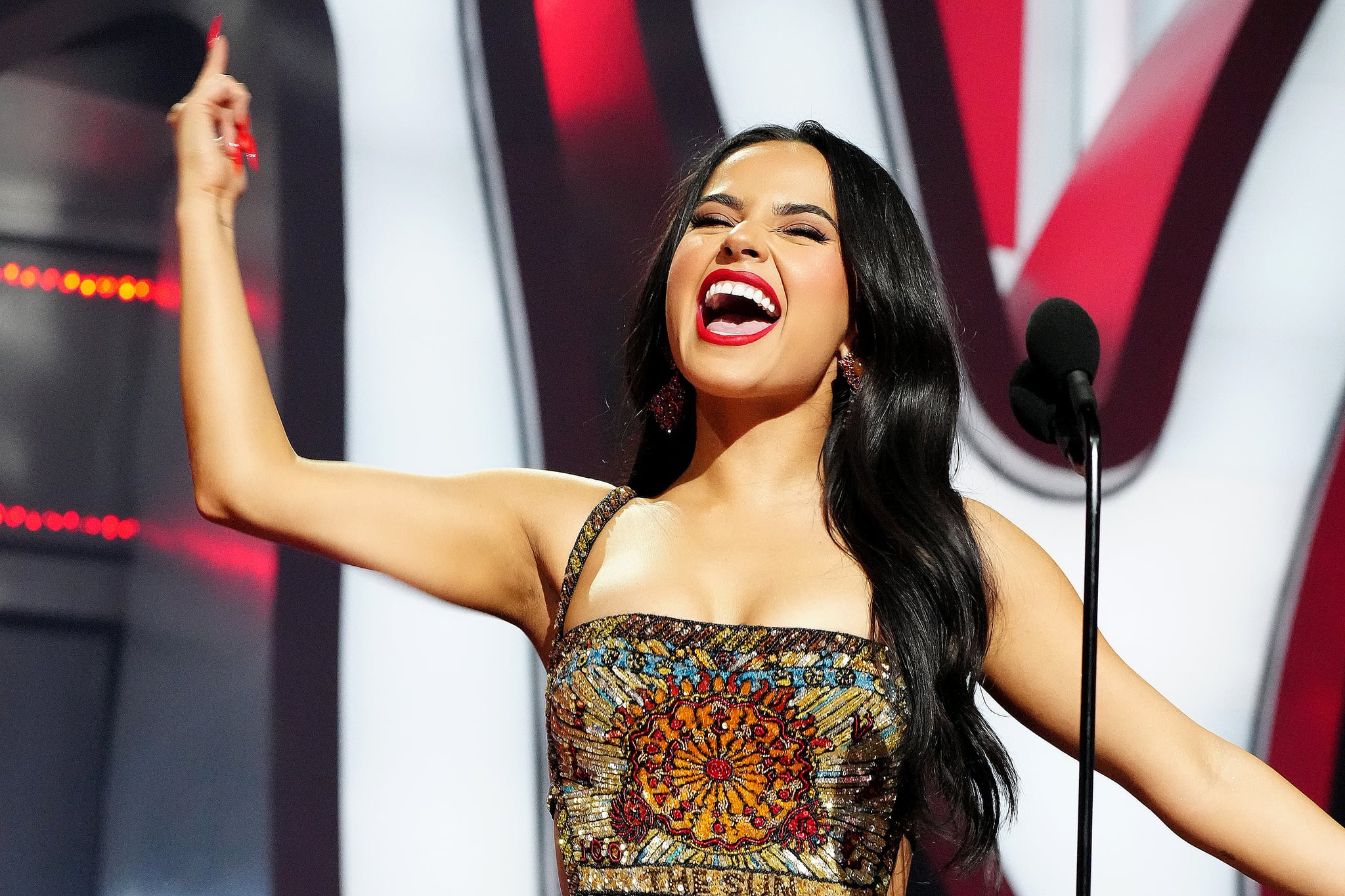 NEWARK, NEW JERSEY - AUGUST 28: Becky G speaks onstage at the 2022 MTV VMAs at Prudential Centre on August 28, 2022 in Newark, New Jersey. (Photo by Jeff Kravitz/Getty Images for MTV/Paramount Global)