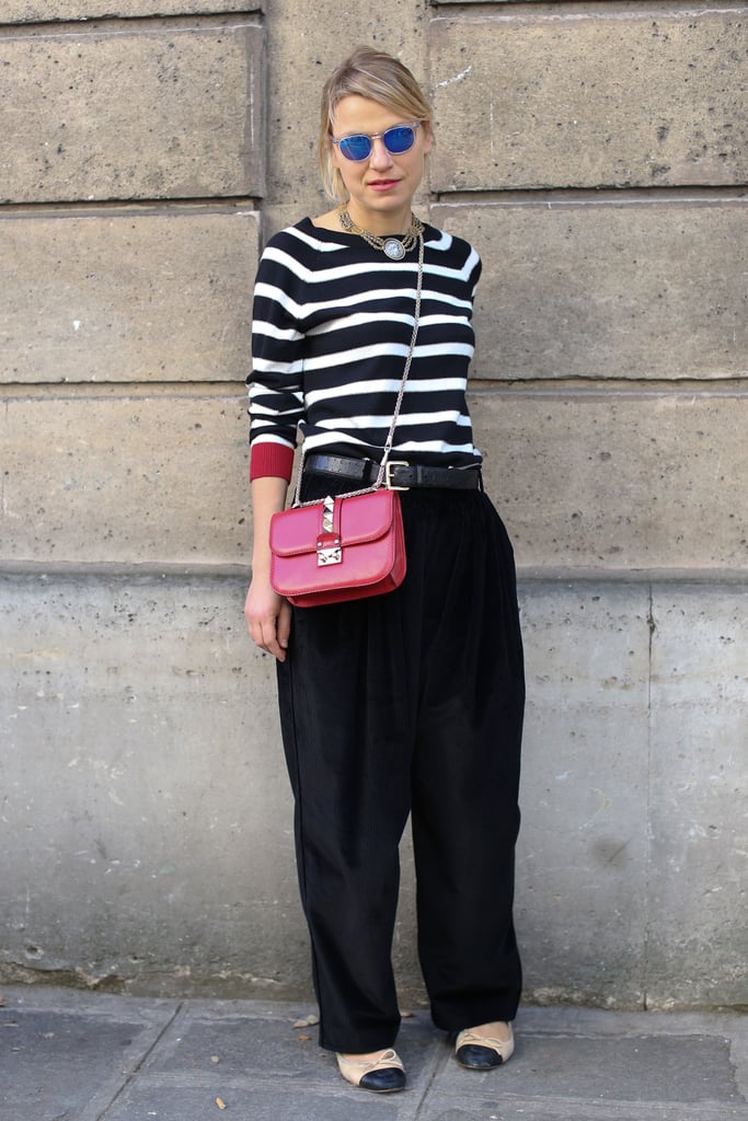 A bold, striped shirt gave these slouchy pants a Parisian-chic finish.
A bold, striped shirt gave these slouchy pants a Parisian-chic finish.