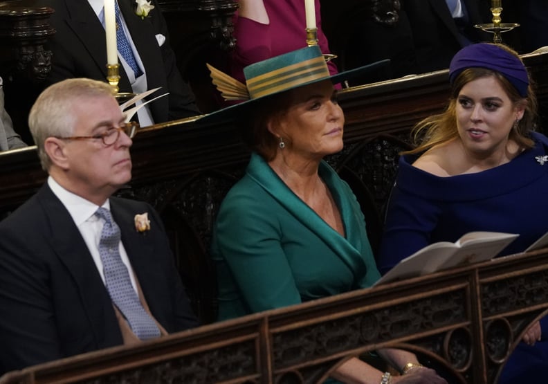 WINDSOR, ENGLAND - OCTOBER 12: Prince Andrew, Duke of York Sarah Ferguson and Princess Beatrice of York attend of the wedding of Princess Eugenie of York and Mr. Jack Brooksbank at St. George's Chapel on October 12, 2018 in Windsor, England. (Photo by Dan