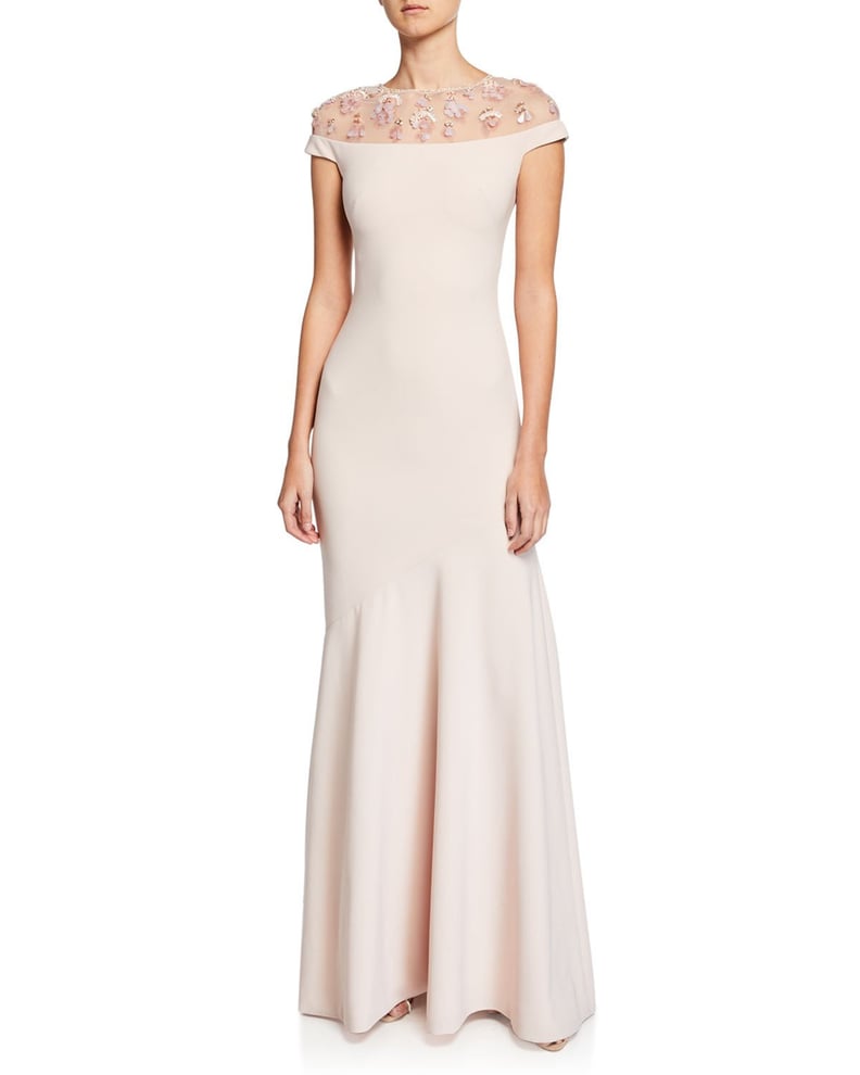 Theia Off-the-Shoulder Illusion Cap-Sleeve Crepe Gown With Embellished Yoke