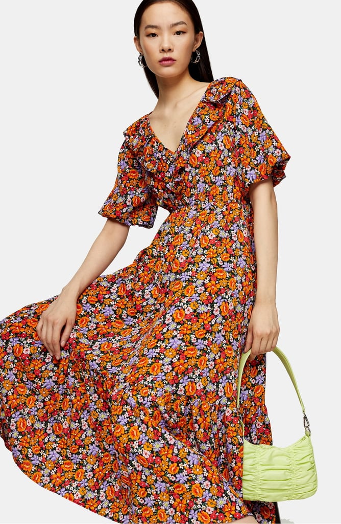 Topshop Ruffle Trim Floral Midi Dress